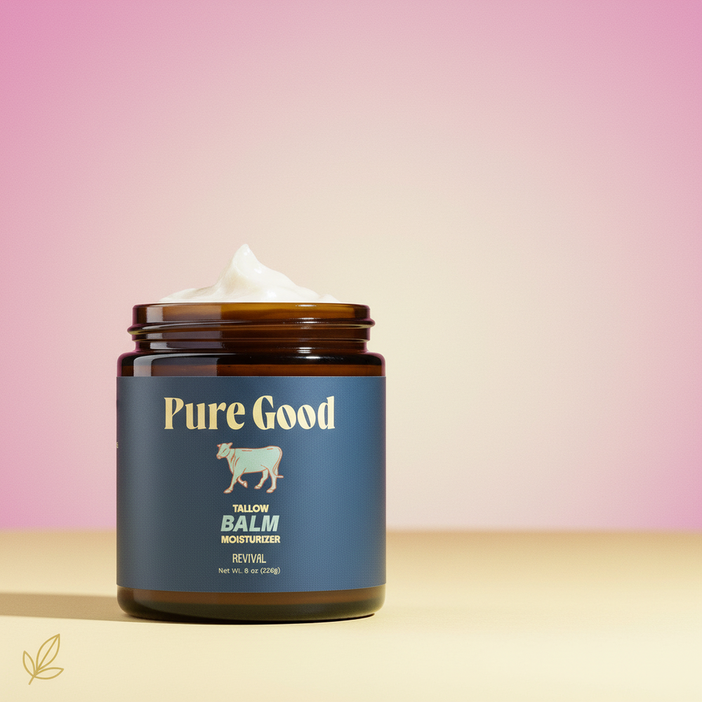 Revival Tallow Balm in a clear glass jar with a minimalist label, on a soft gradient background, showcasing its rich texture.